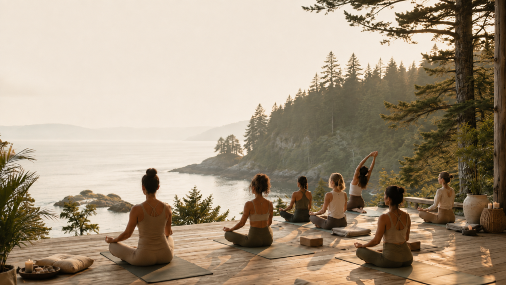 Group practicing yoga and meditation on a wooden deck overlooking Vancouver Island’s coastal forest and ocean