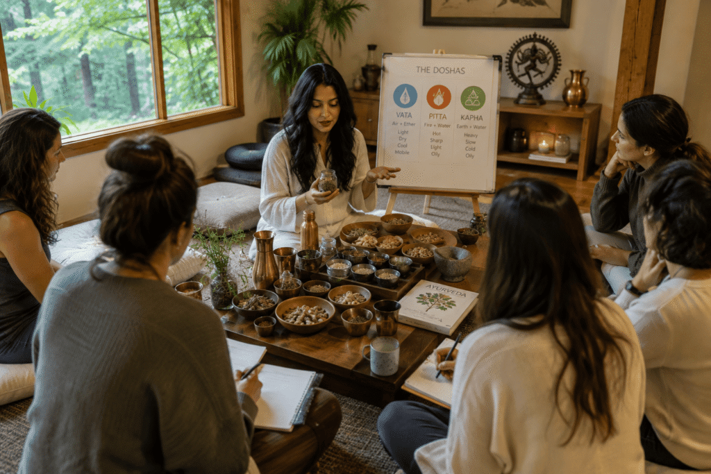 Ayurveda workshop with a yoga teacher explaining doshas, herbs and wellness practices to retreat participants
