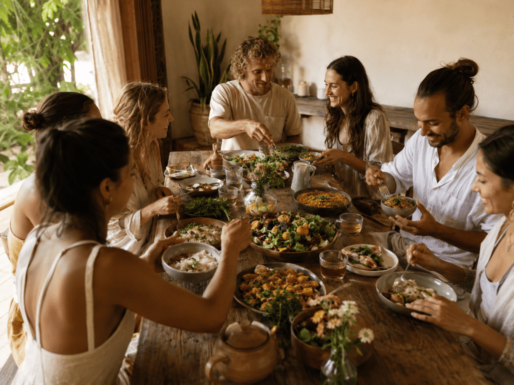 Retreat participants sharing a sattvic plant-based meal at a wooden table with vegetables, rice, lentils and herbal tea