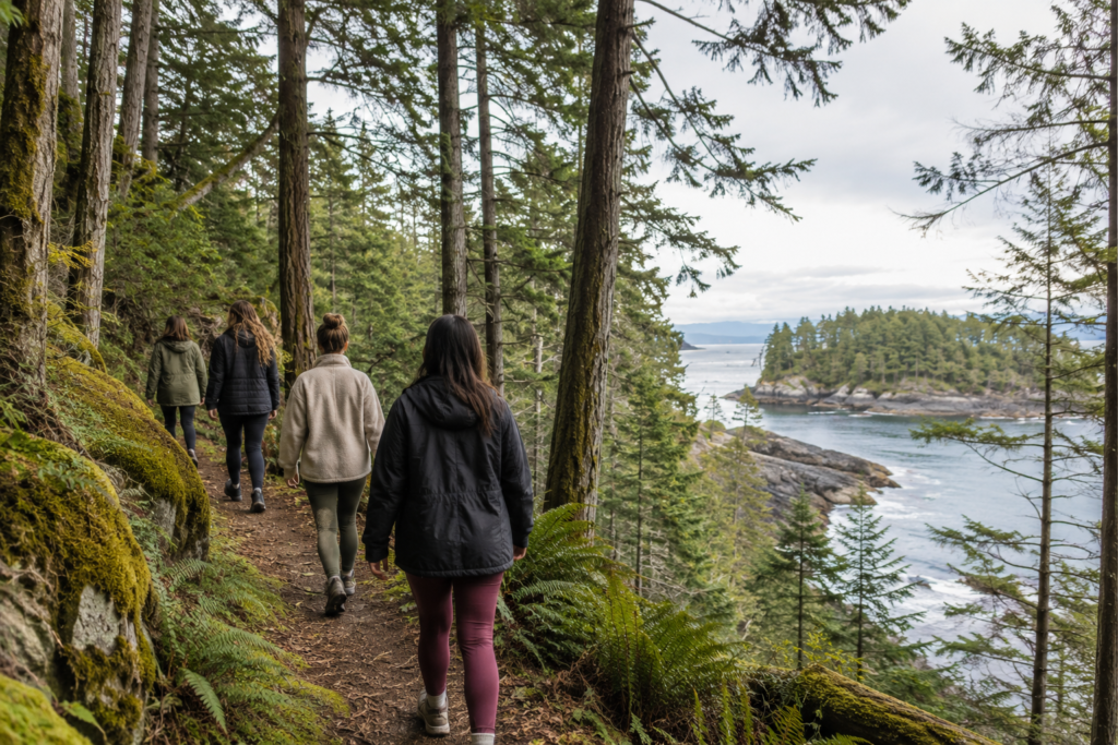 Yoga retreat participants taking a mindful nature walk through a Vancouver Island coastal forest