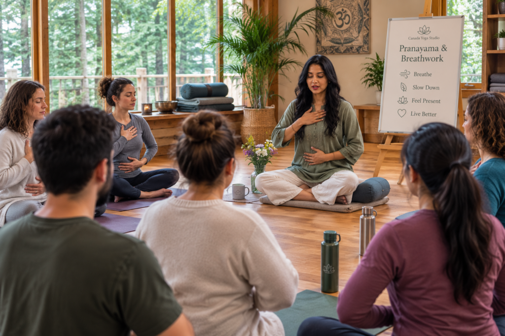 Yoga teacher guiding a pranayama and breathwork session during a Vancouver Island wellness retreat