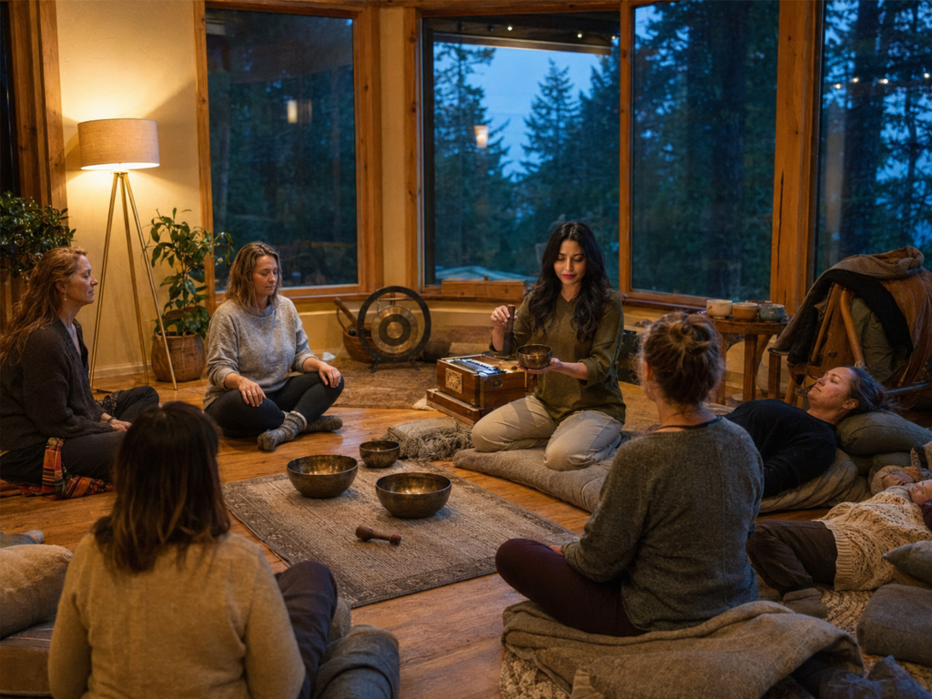 Weekend yoga retreat participants joining an evening sound healing session on Vancouver Island