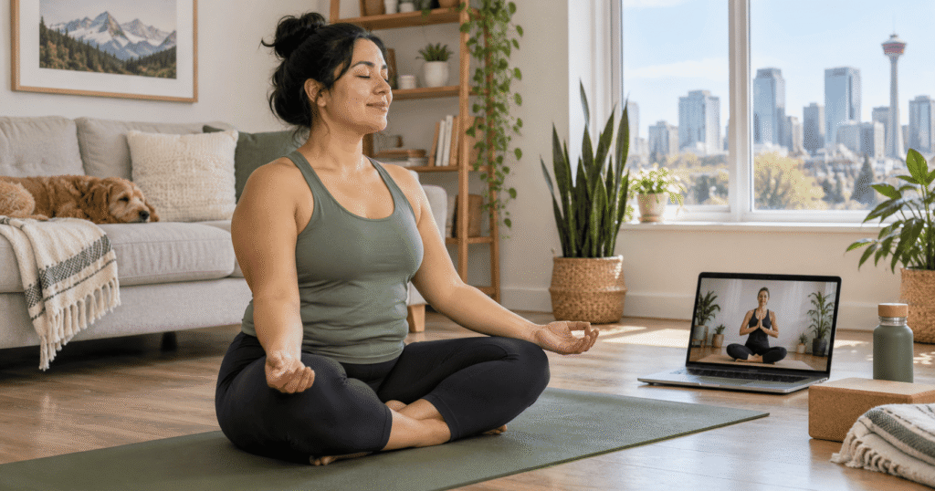 Beginner practising an online Hatha Yoga class at home in Calgary