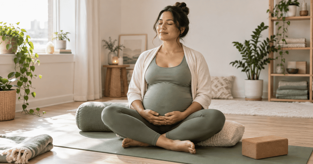 Pregnant woman practising gentle prenatal yoga at home in Calgary