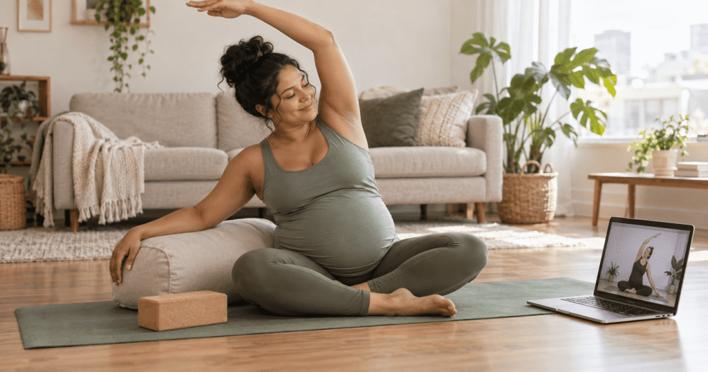 Pregnant student attending a live online prenatal yoga class in Calgary
