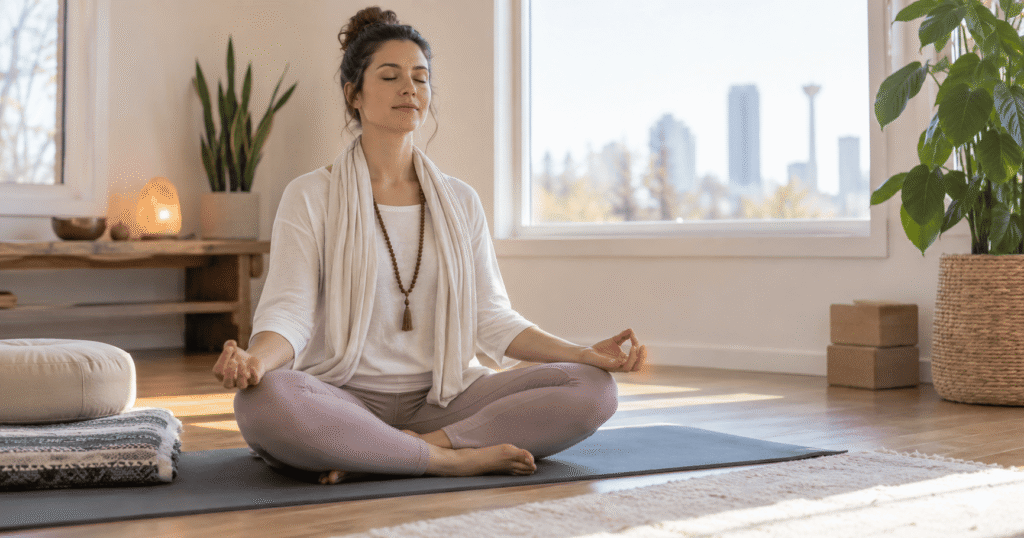 Beginner practising Kundalini Yoga in Calgary
