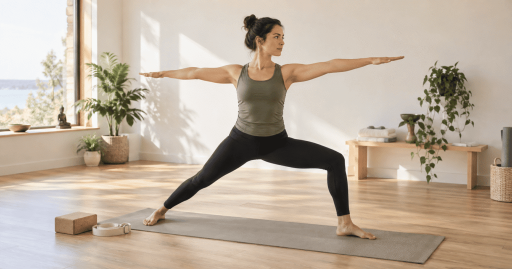Adult practising yoga with blocks and a strap in a calm studio