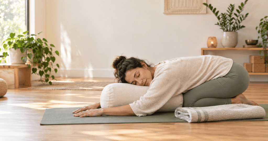 A person practising supported child's pose for digestion and bloating
