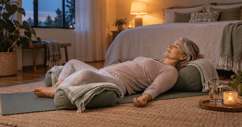 Woman practising restorative yoga for better sleep during menopause