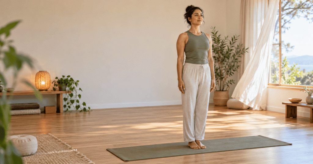 Beginner practising the five elements of Hatha Yoga in a calm studio