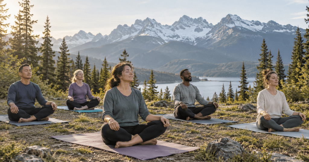 Adults practising meditation at a yoga retreat in the Canadian Rockies