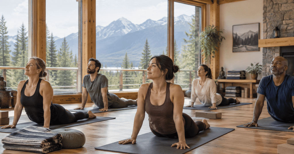 Adults practising yoga at a retreat in a Canadian mountain lodge

