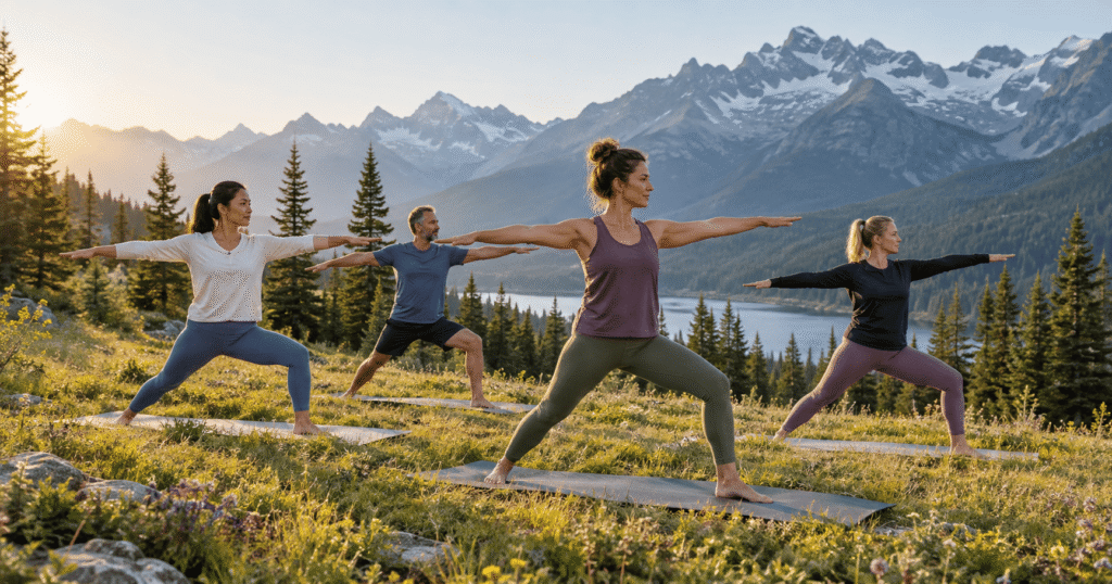 Adults practising yoga during a retreat in the Canadian mountains