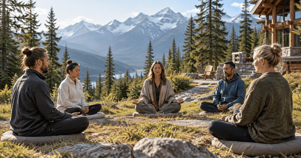 Adults attending a guided meditation retreat in the Canadian mountains